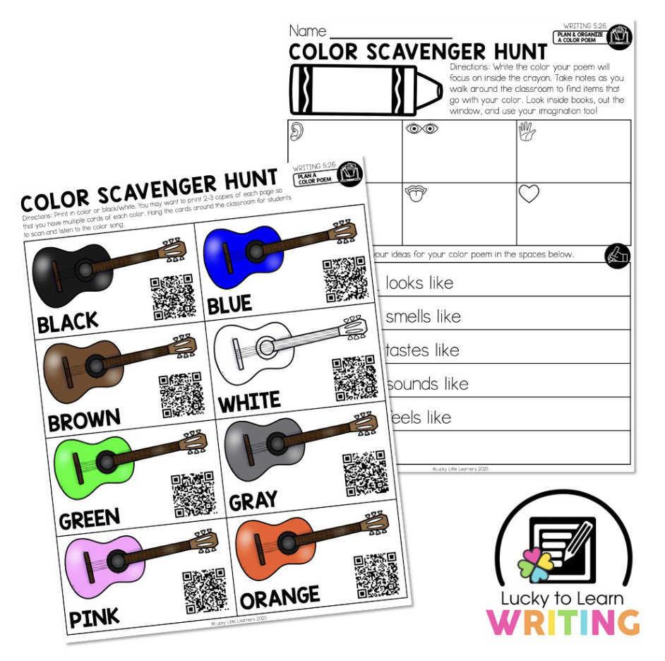 A 'Color Scavenger Hunt' worksheet for 2nd grade students. The worksheet asks students to find items around the classroom that match a color and use them to inspire their color poem. The page includes color-coded guitars and QR codes.
